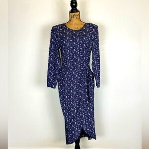 Weathervane 80s‎ 90s Ditsy Floral Midi Dress 8 Blue Prairie Cottage Long Sleeves